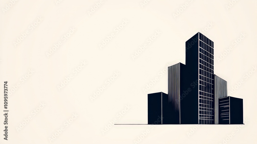 Minimalist representation of modern skyscrapers featuring sleek architecture with geometric shapes against a soft beige background for creative and professional uses Minimalist representation of modern skyscrapers featuring sleek architecture with geometric shapes against a soft beige background for creative and professional uses
