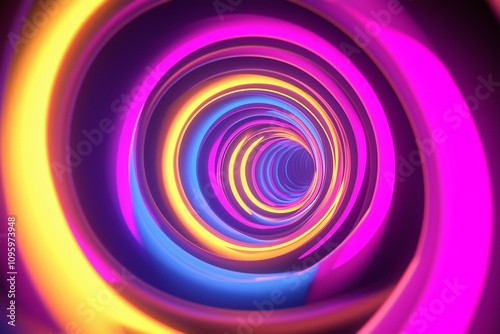 Vibrant Neon Spiral Tunnel with Radiant Pink, Yellow, and Blue Lights Creating a Hypnotic and Futuristic Abstract Design
