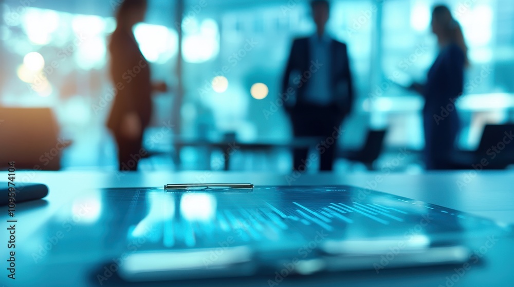 Business Meeting with Focus on Financial Reports and Professionals in a Modern Office Environment with Soft Lighting and Blurred Background Business Meeting with Focus on Financial Reports and Professionals in a Modern Office Environment with Soft Lighting and Blurred Background