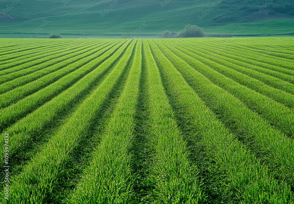 Vibrant Green Fields with Parallel Rows of Lush Grass Underneath a Clear Blue Sky in Peaceful Landscape of Agriculture and Natural Beauty Vibrant Green Fields with Parallel Rows of Lush Grass Underneath a Clear Blue Sky in Peaceful Landscape of Agriculture and Natural Beauty