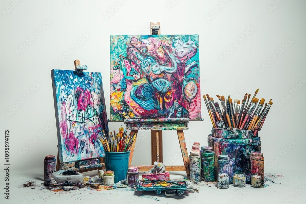 Naklejka premium Artist's studio: colorful paintings, brushes, paints.