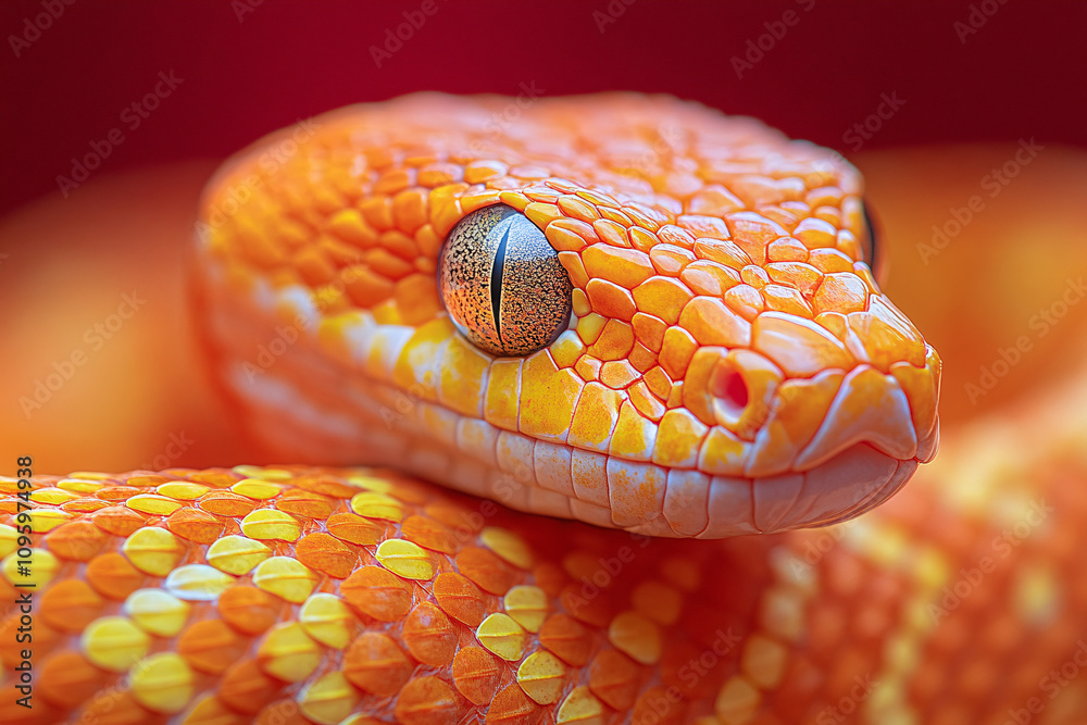 Fototapeta premium A luxurious golden-scaled snake against a bold crimson backdrop, perfect for New Year greeting cards and promotional materials celebrating elegance and nature.