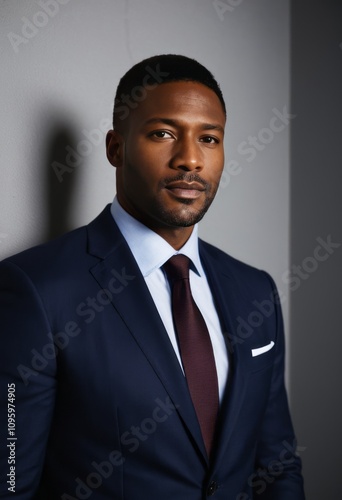 professional portrait, man in navy blue suit, burgundy tie, white shirt, soft lighting, neutral background, confident expression, sharp focus 