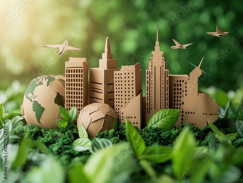 A creative representation of eco-friendly cities made from cardboard, surrounded by lush greenery and globes.