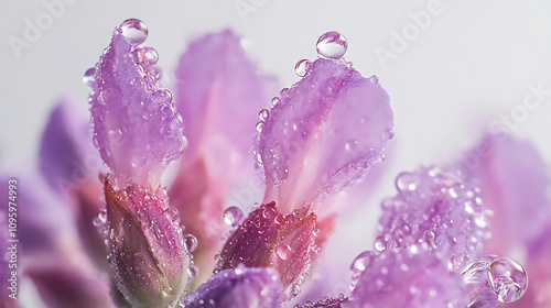 Close up image of lavender flowers with water droplets, showcasing their delicate beauty and vibrant colors. soft hues and glistening droplets create serene and refreshing atmosphere