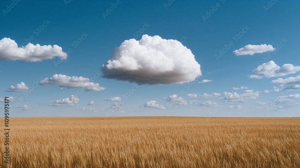 Golden wheat field under blue sky with fluffy clouds, serene landscape
Golden wheat field under blue sky with fluffy clouds, serene landscape