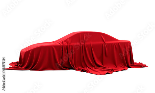Car covered a red fabric draping isolated on white