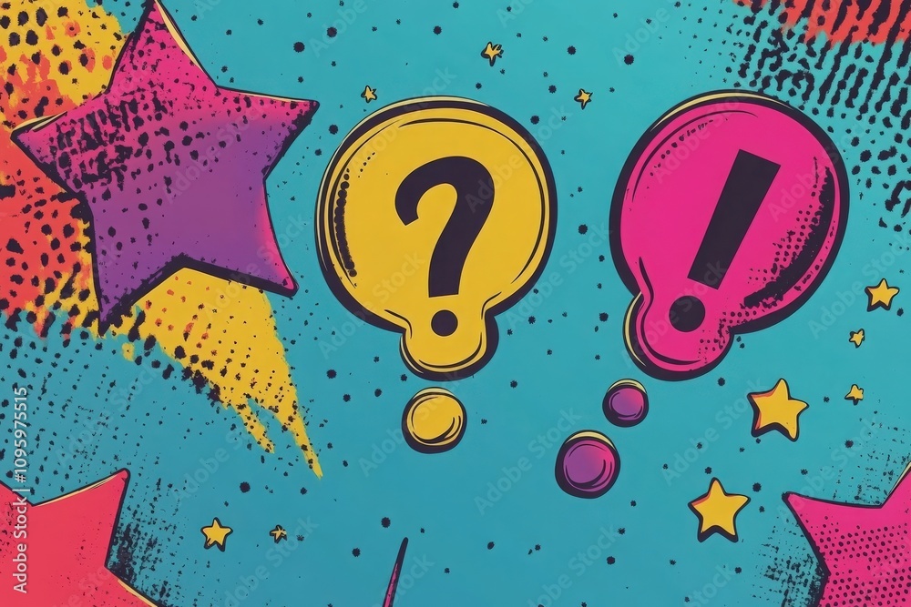 Fototapeta premium Speech balloons, stars, exclamation and question mark with halftone shadow 