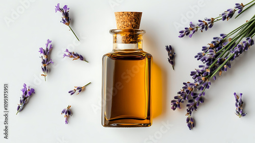 Elegant flat lay of lavender oil extract surrounded by fresh lavender flowers, creating calming and aromatic atmosphere. Perfect for wellness and relaxation themes photo