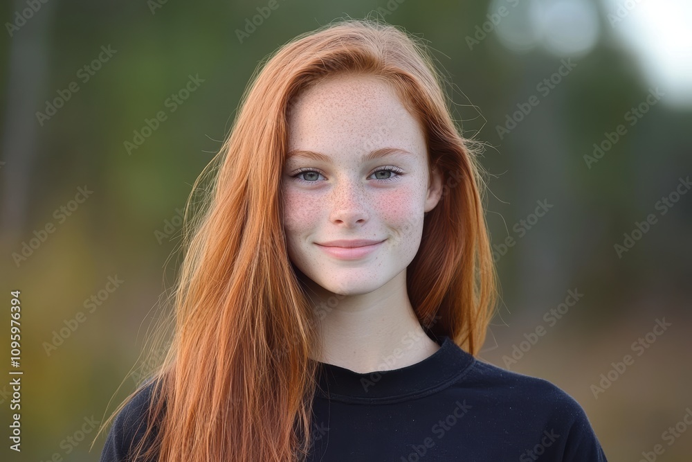 Naklejka premium Portrait of a smiling teenage girl with long red hair and freckles.