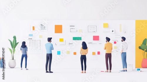 Creative Team Collaborating in a Modern Office Space for Brainstorming and Project Planning with Colorful Notes and Visual Aids on the Wall