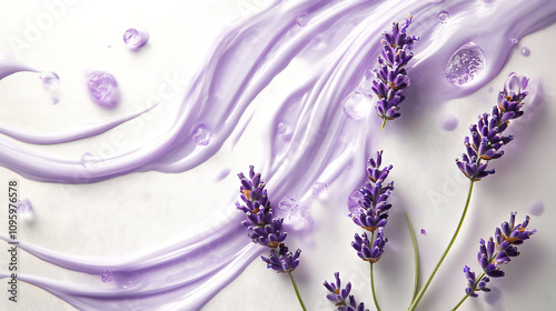 Lavender petals and lavender flowers create serene and calming composition, enhanced by flowing lavender cream and decorative droplets. This evokes tranquility and beauty