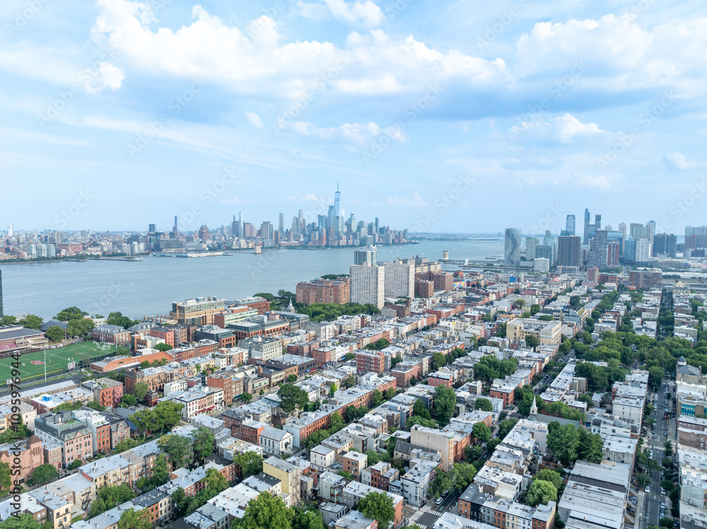 Aerial View of Hoboken and New Jersey Skyline on the background