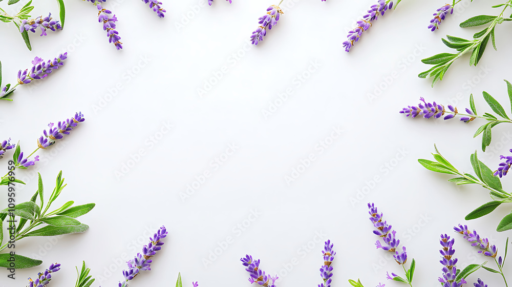 Lavender sprigs arranged in neat circle on plain background create calming and serene atmosphere. vibrant purple flowers and green leaves enhance natural beauty of composition Lavender sprigs arranged in neat circle on plain background create calming and serene atmosphere. vibrant purple flowers and green leaves enhance natural beauty of composition