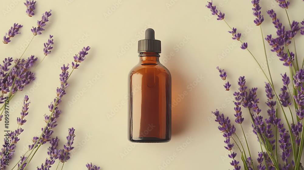 minimalist arrangement of lavender oil extract in brown glass bottle surrounded by fresh lavender flowers creates calming and serene atmosphere minimalist arrangement of lavender oil extract in brown glass bottle surrounded by fresh lavender flowers creates calming and serene atmosphere