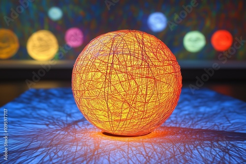 Illuminated Thread Sphere Casting Intricate Shadows with Vibrant Multicolored Lights in the Background Creating an Abstract Art Display