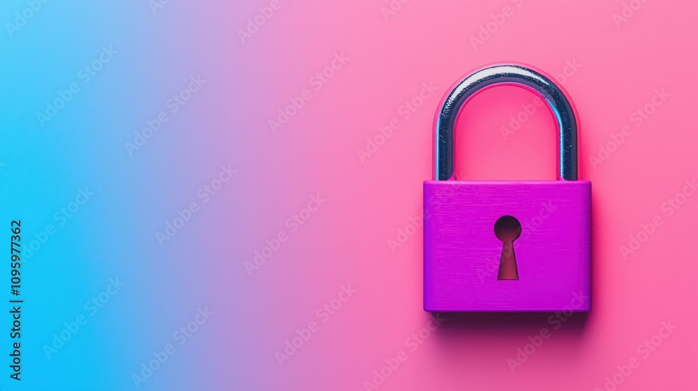 Anti tracking security concept. A vibrant pink and blue gradient background features a purple padlock, symbolizing security and protection.