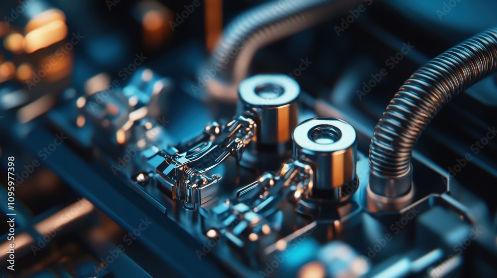 Detailed close-up of modern electrical components with meticulously organized wiring and shiny metal connectors, highlighting a professional-grade industrial electrical system setup with high-quality Detailed close-up of modern electrical components with meticulously organized wiring and shiny metal connectors, highlighting a professional-grade industrial electrical system setup with high-quality