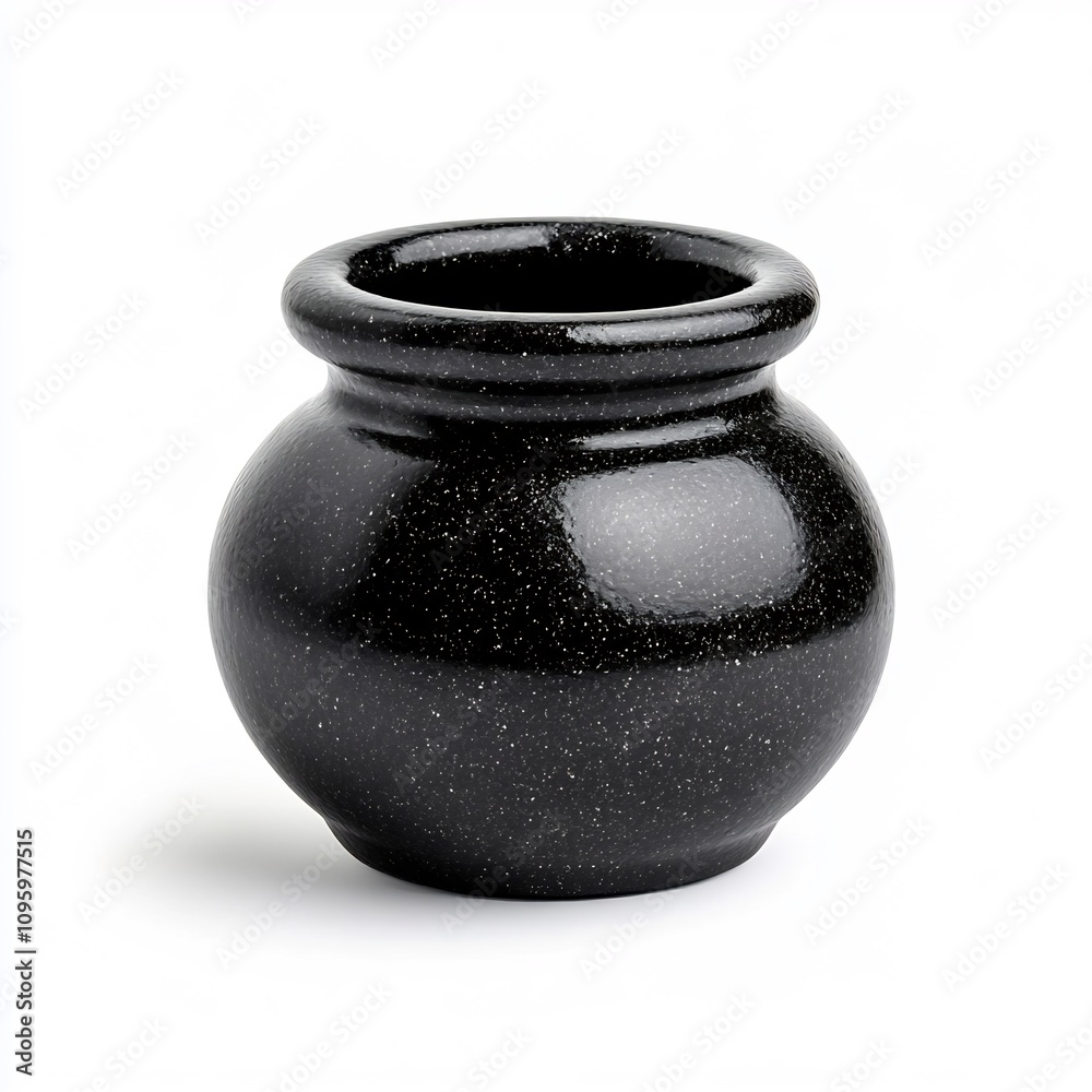 A Macro Shot of a Glossy Black Magic Ceramic Pot on a White Background A Macro Shot of a Glossy Black Magic Ceramic Pot on a White Background