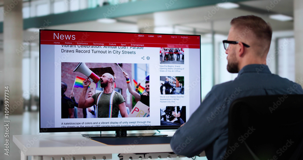 Fototapeta premium Watching Online News Article On Mobile Phone And Laptop