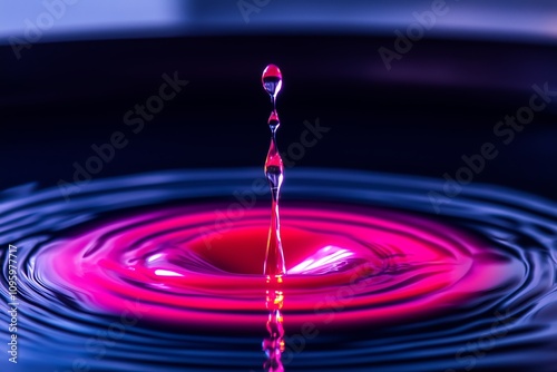 Vibrant Water Drop Impact Creating Ripples with Stunning Pink and Purple Reflections in a Dark Abstract Background