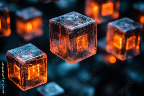Futuristic Glowing Cubes with Orange Luminescence Floating in a Dark Abstract Background Representing Innovation and Technology Concepts