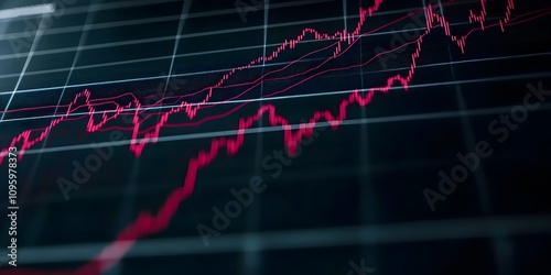 A close-up of a financial graph displaying upward trends in red on a dark background.