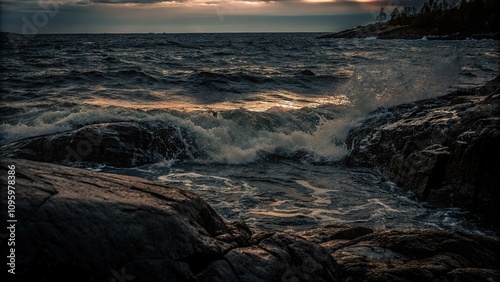 â€¢ Turbulent dark blue waves crash against the rocky shoreline, soft warm light of twilight casting a sense of serenity over the intense moment.