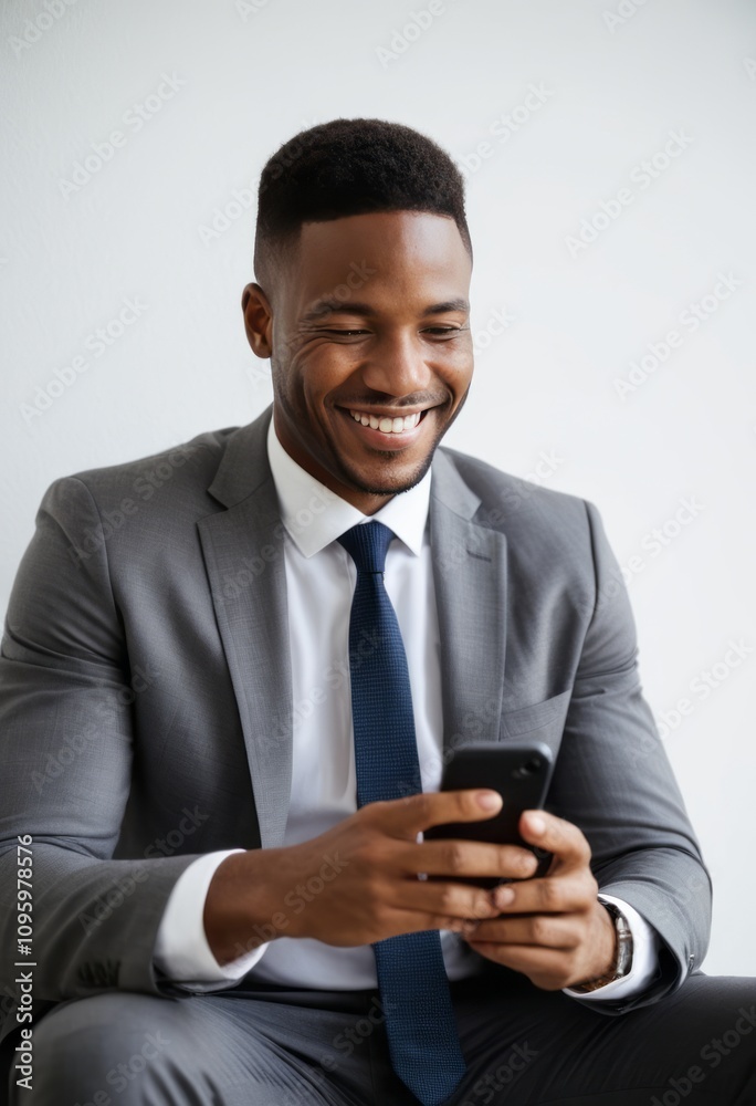 professional businessman, smiling, using smartphone, modern office setting, grey suit, white shirt, close-up, natural lighting, relaxed atmosphere
