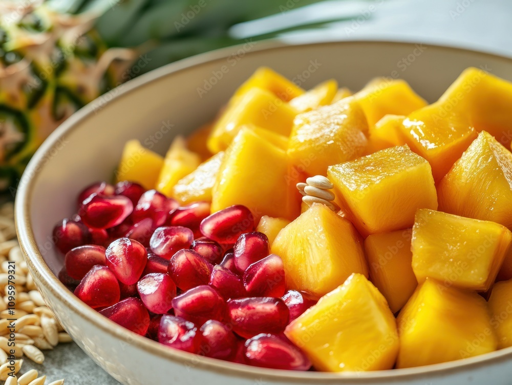 Close-up of a bowl with diced mango, pineapple, and pomegranate seeds. Close-up of a bowl with diced mango, pineapple, and pomegranate seeds.