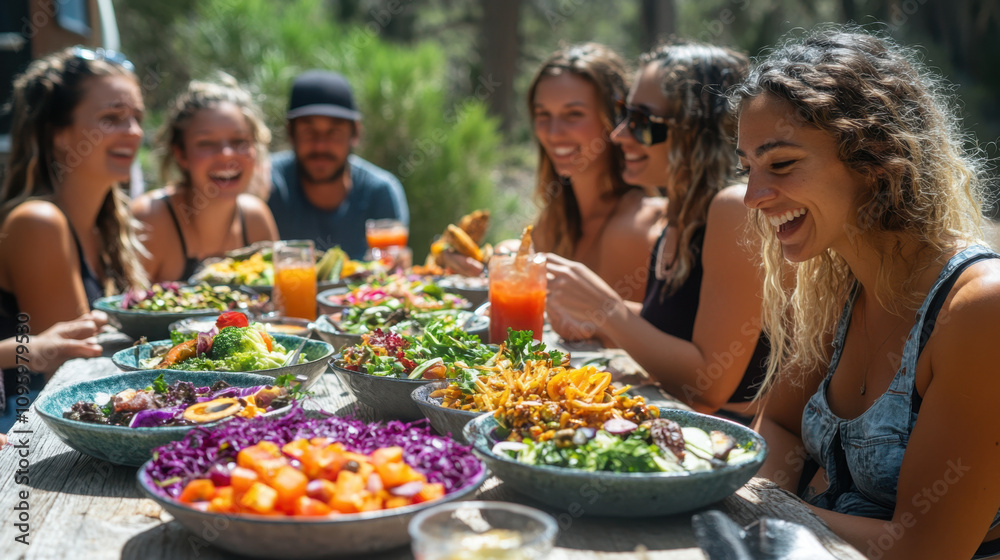Vegan Bowls and Mobile Kitchen. A vibrant outdoor gathering of friends enjoying a colorful spread of fresh salads and drinks, surrounded by nature. Vegan Bowls and Mobile Kitchen. A vibrant outdoor gathering of friends enjoying a colorful spread of fresh salads and drinks, surrounded by nature.