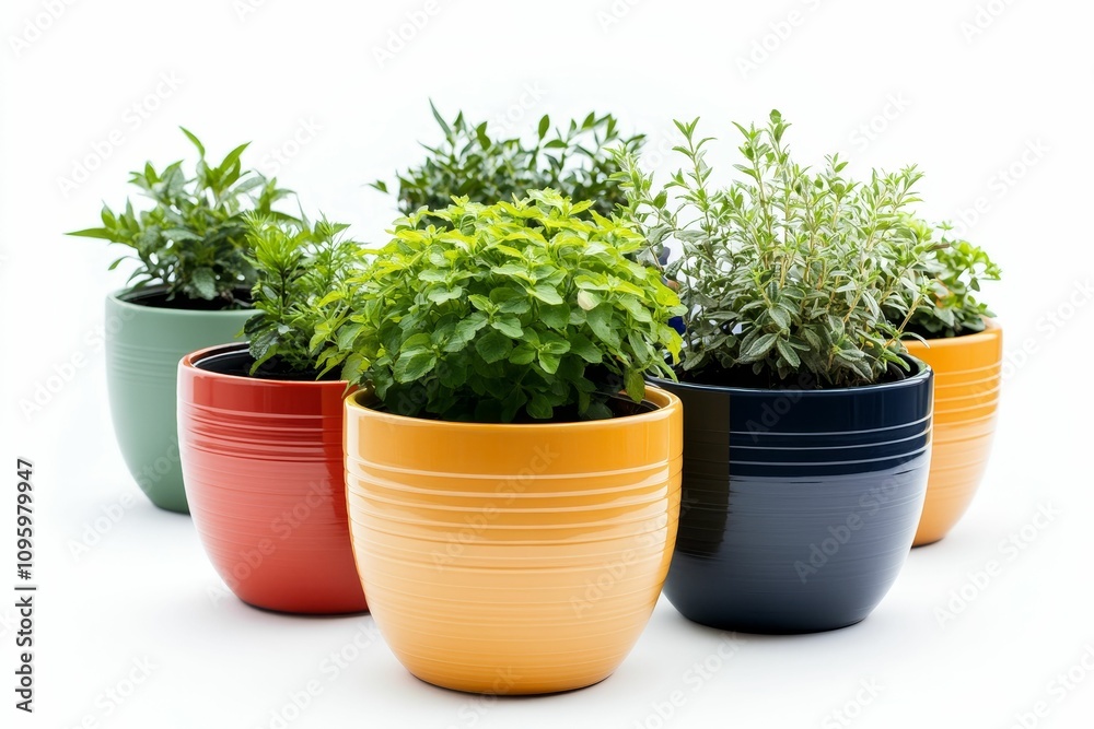 Colorful pots filled with vibrant herbs. Colorful pots filled with vibrant herbs.
