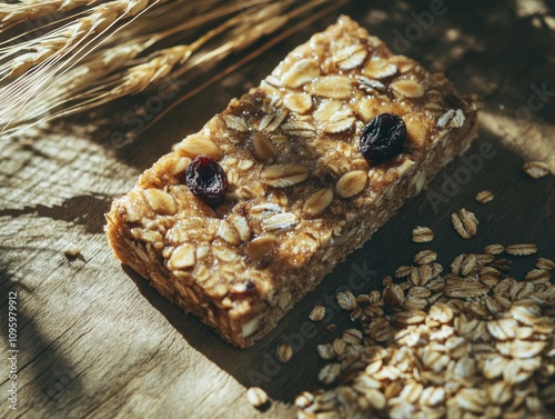 Homemade granola bar with oats and berries on wooden surface.