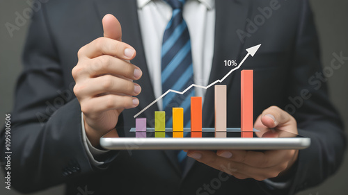 Businessman holding of bar graph with percentage financial banking and chart growth business concept