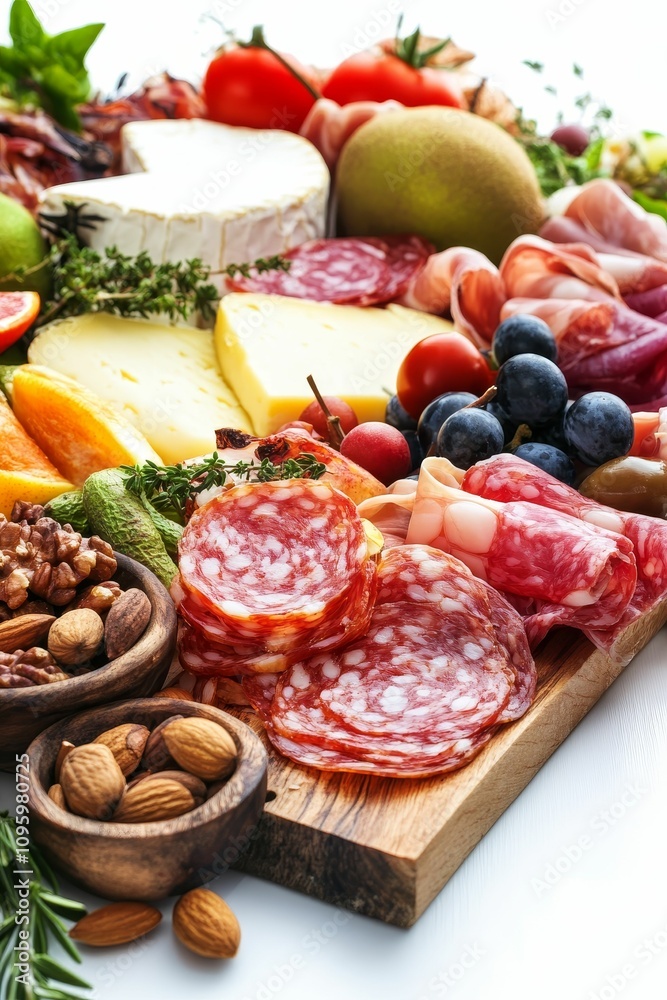 Charcuterie board: meats, cheeses, fruits, nuts. Charcuterie board: meats, cheeses, fruits, nuts.