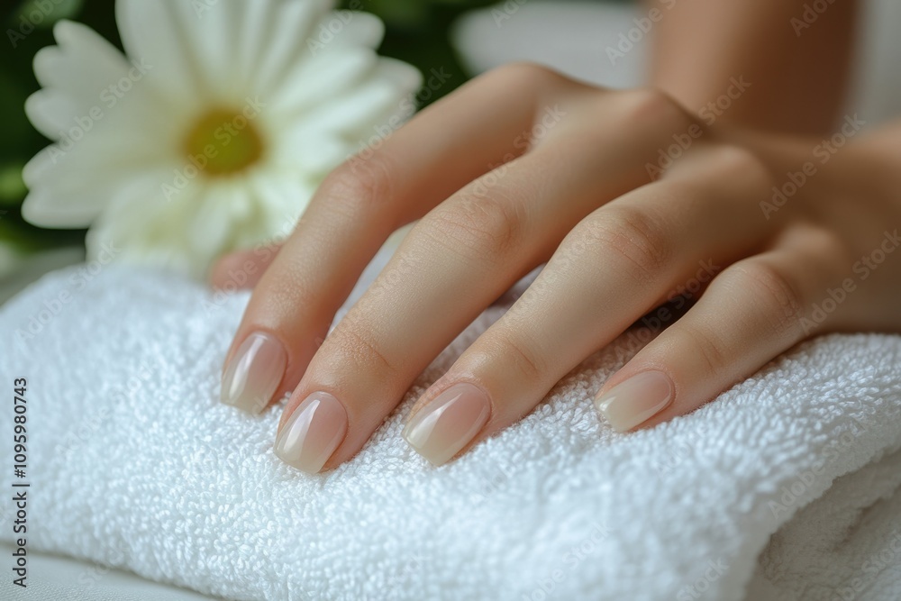 Detailed Realistic Photography of Woman's Hands and Feet with Well-Groomed Nails on White Towel