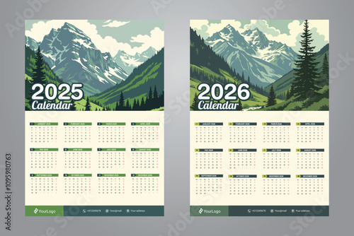 2025 and 2026 Wall Calendar with Scenic Mountain Views