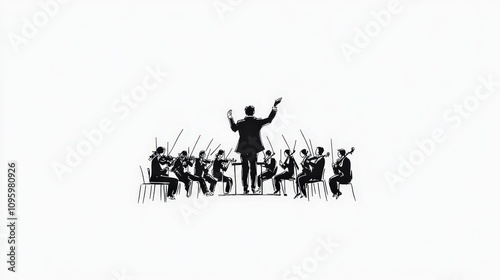 Silhouette of an Orchestra Conductor Leading a String Ensemble with Musicians Playing Violins, Cellos, and Other Instruments in Harmony and Passionate Performance