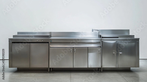 Stainless steel professional kitchen with industrial equipment and clean surfaces