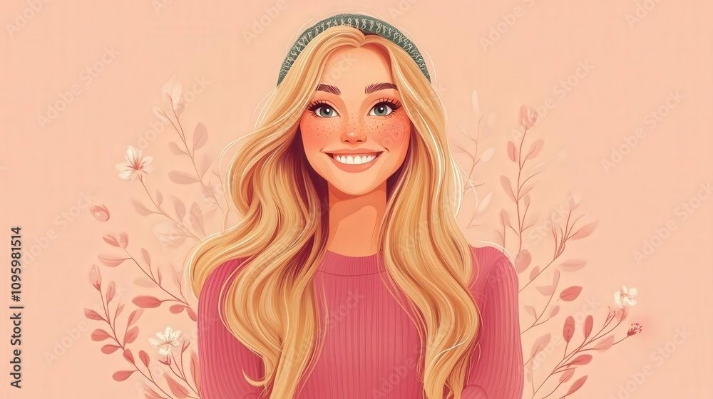 A cheerful cartoon woman with long blonde hair and a headband smiles at the camera A cheerful cartoon woman with long blonde hair and a headband smiles at the camera