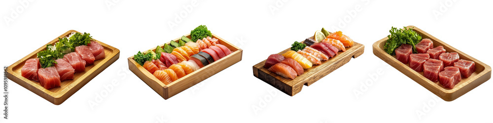 Sashimi on a wooden tray isolated on white background. Collection PNG. Sashimi on a wooden tray isolated on white background. Collection PNG.