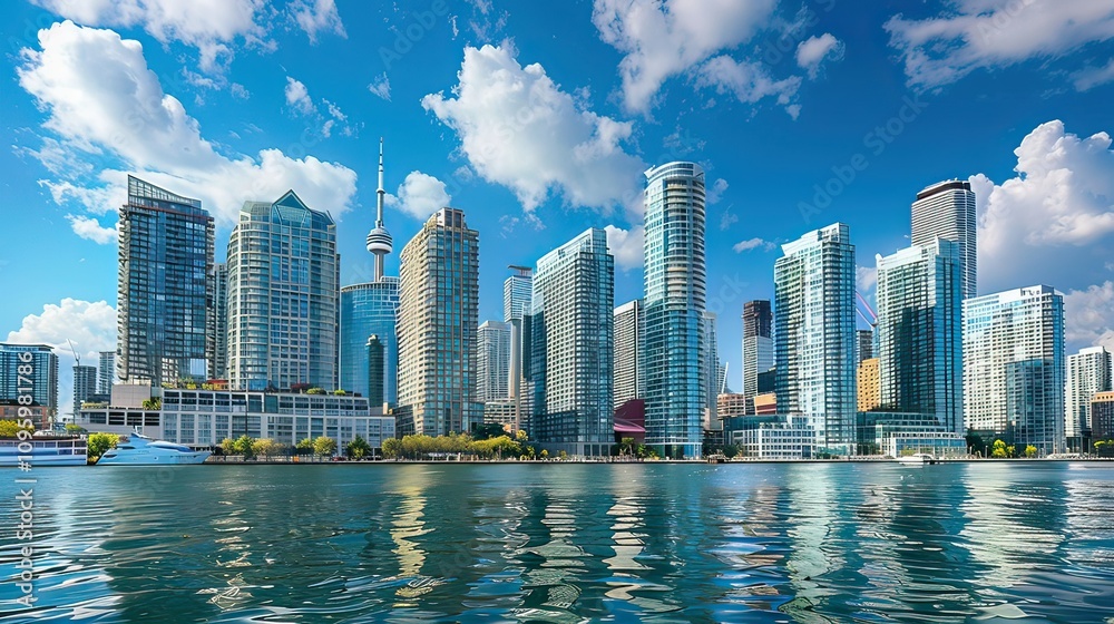Toronto's financial district with modern glass skyscrapers.