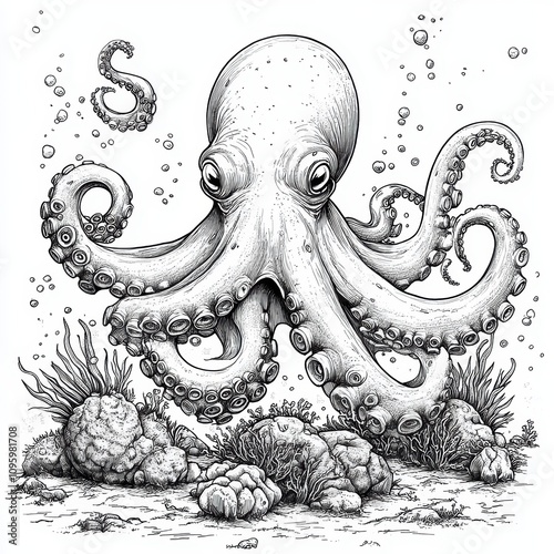 A detailed black and white illustration of an octopus with eight tentacles in the ocean. photo