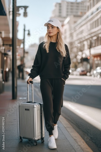 Woman in a black sweatsuit and white sneakers pulls a silver suitcase on a city street. photo