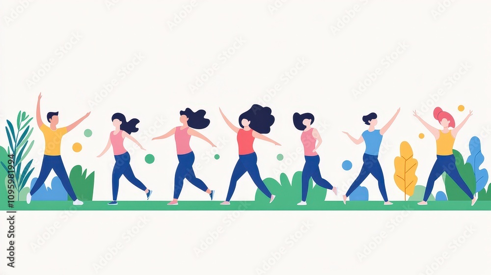Colorful Illustration of Diverse People Dancing Joyfully in a Lively Garden Setting with Greenery and Vibrant Elements Colorful Illustration of Diverse People Dancing Joyfully in a Lively Garden Setting with Greenery and Vibrant Elements