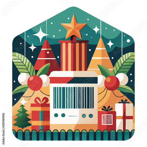 Christmas Shopping Spree:  A flat design illustration featuring a festive Christmas scene with presents, a barcode, and a star on top of the Christmas tree.  