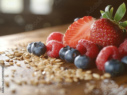 Fresh raspberries, blueberries, strawberries, and oats on wood.