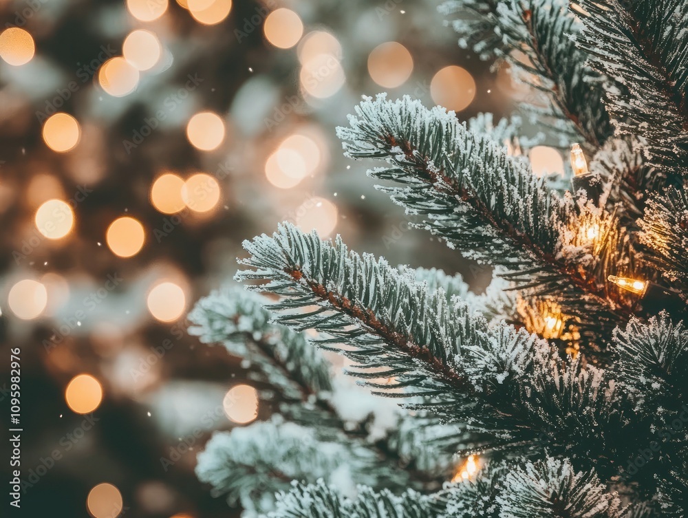 Close-up of snow-covered pine tree branch with warm lights bokeh background. Close-up of snow-covered pine tree branch with warm lights bokeh background.