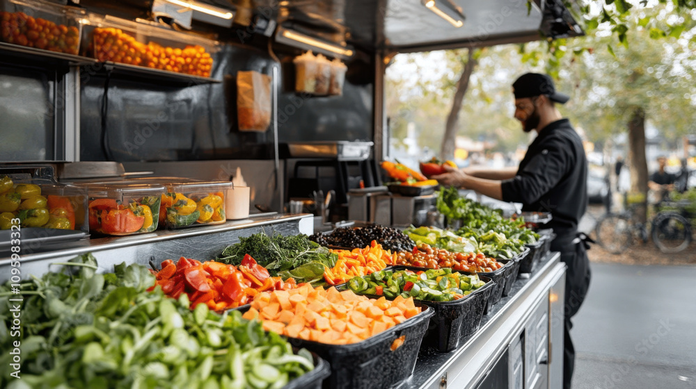 Vegan Bowls and Mobile Kitchen. A vibrant food stall displays a variety of fresh vegetables, with a vendor preparing ingredients amidst a lively outdoor setting. Vegan Bowls and Mobile Kitchen. A vibrant food stall displays a variety of fresh vegetables, with a vendor preparing ingredients amidst a lively outdoor setting.