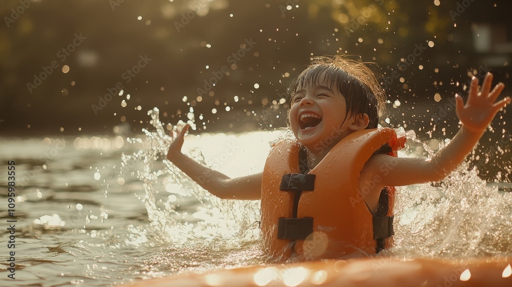 Laughing child in a life vest, excitedly splashing water under the warm sunlight, enjoying a fun outdoor moment in a lively and carefree atmosphere Laughing child in a life vest, excitedly splashing water under the warm sunlight, enjoying a fun outdoor moment in a lively and carefree atmosphere